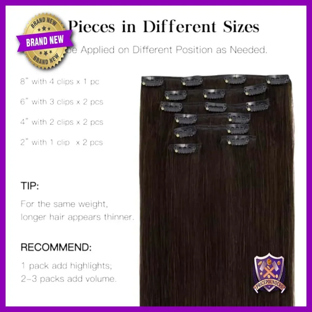 18 Inch Human Hair Clip-In Extensions, 7 Piece Set, Remy Hair, Straight Style